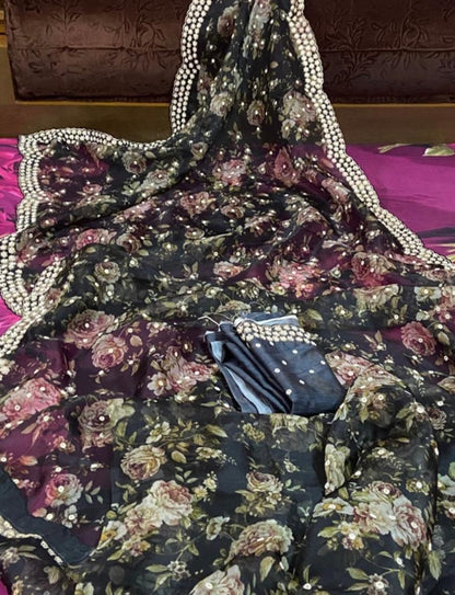 Black floral organza saree