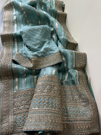 Striping kora Banarasi saree