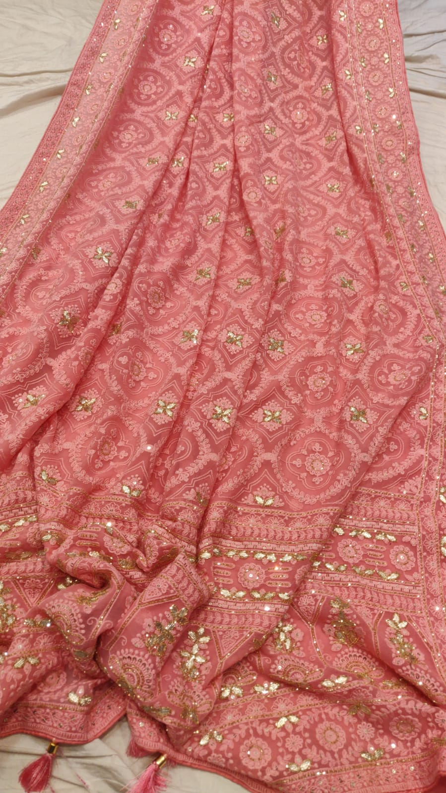 Lafisa chikankari gorgette saree