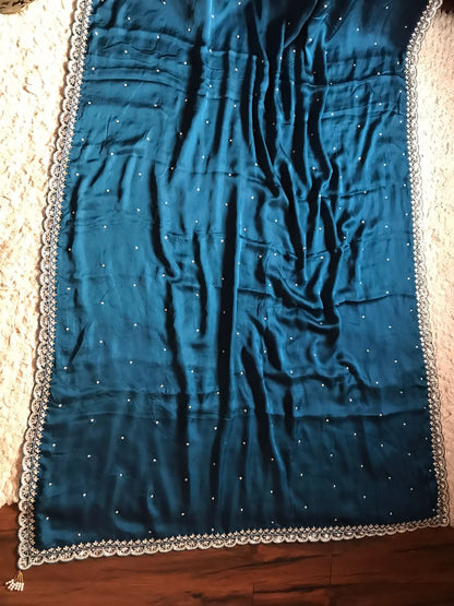 Teal blue satin saree