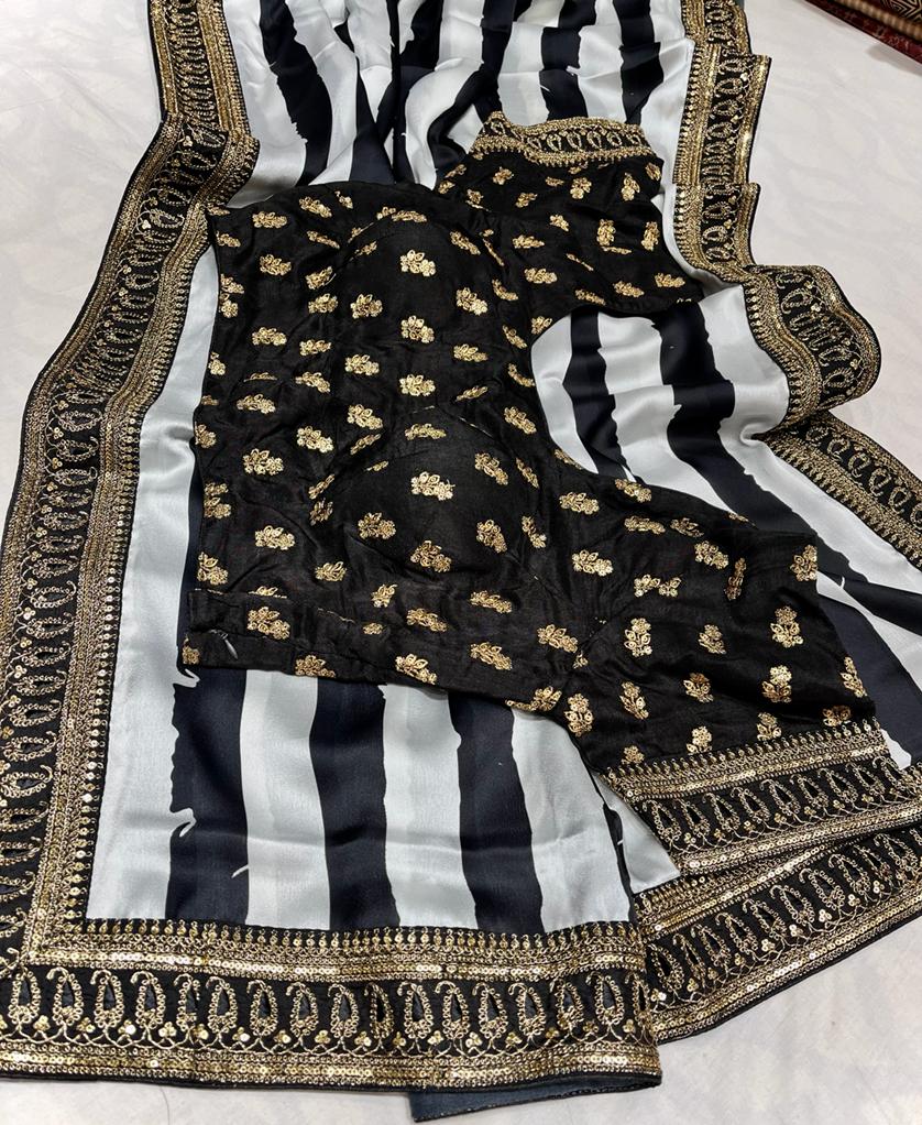 Satin striped zardosi saree