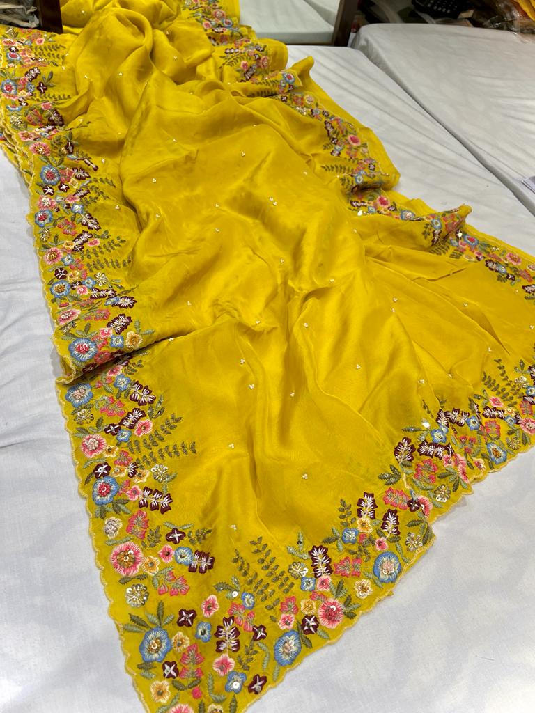 Tulip embroidery organza saree