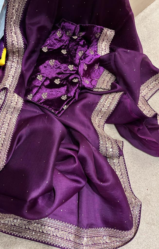 Velvet zardosi organza saree