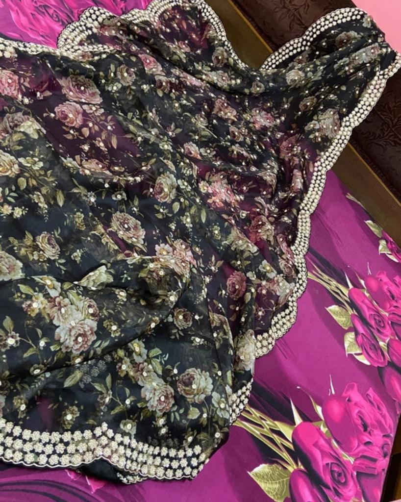 Black floral organza saree