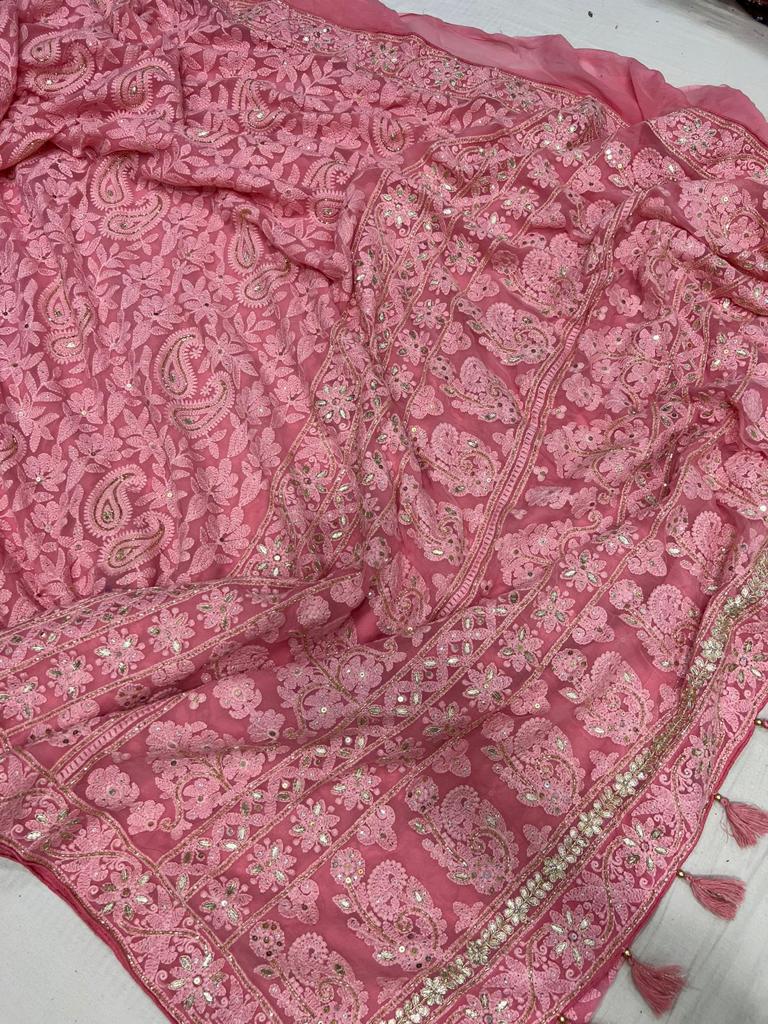 Albeli chikankari gorgette saree