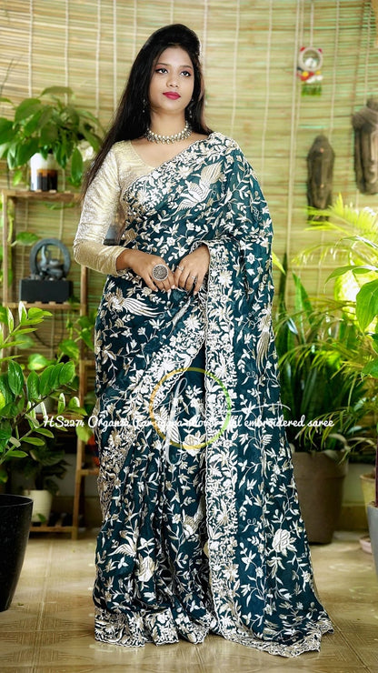Blossom embroidered organza saree