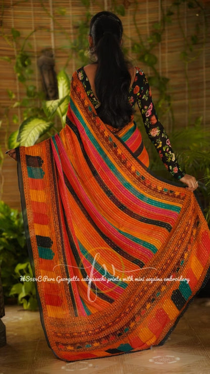 Gulmohar gorgette sequins saree
