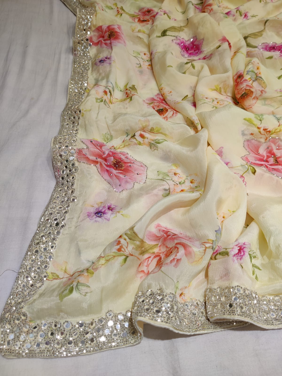 Floral crepe zardosi saree