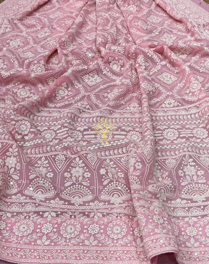 Pinkmania chikankari gorgette saree