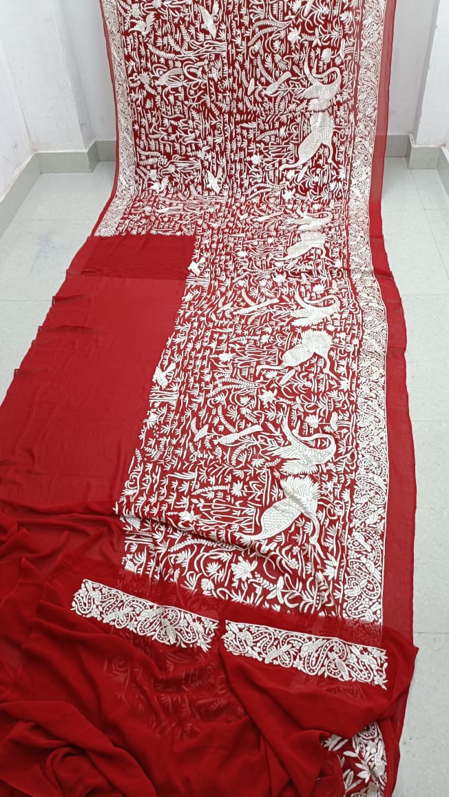 Red riding hood inspired Parsi saree