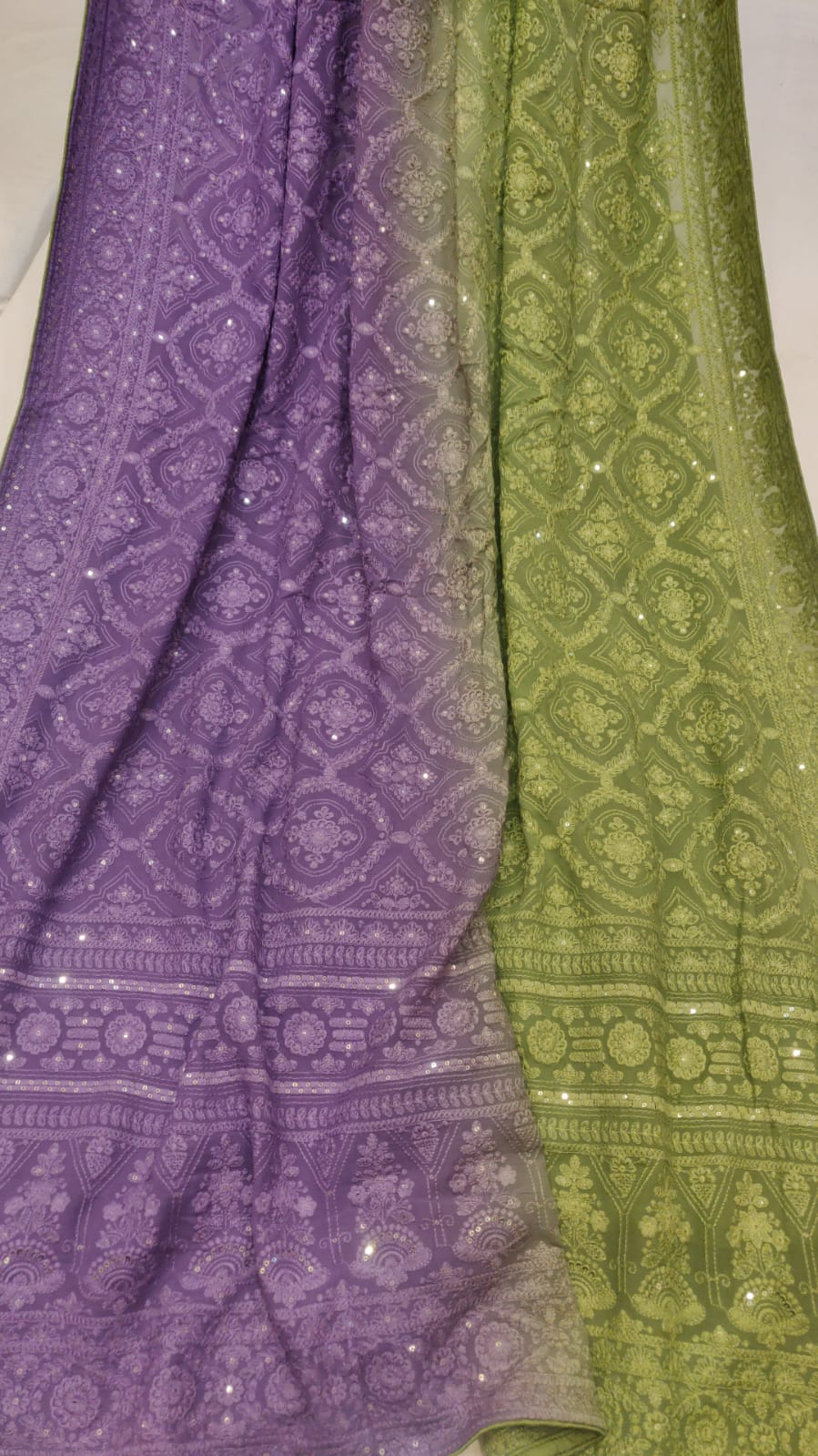 Dual shaded chikankari gorgette saree