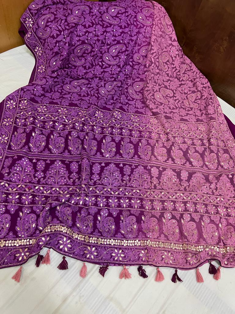 Dyed chikankari gorgette saree