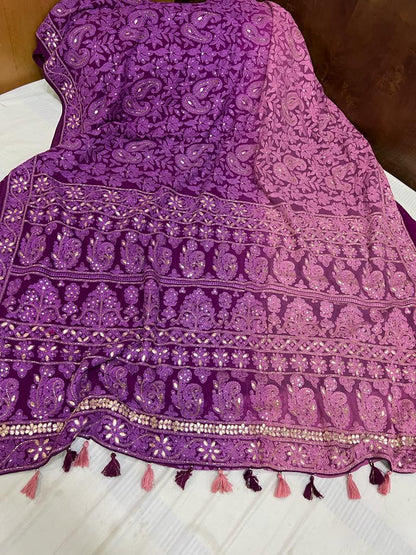 Dyed chikankari gorgette saree