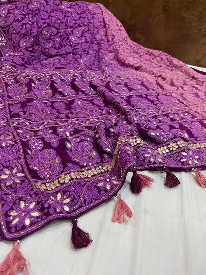 Dyed chikankari gorgette saree