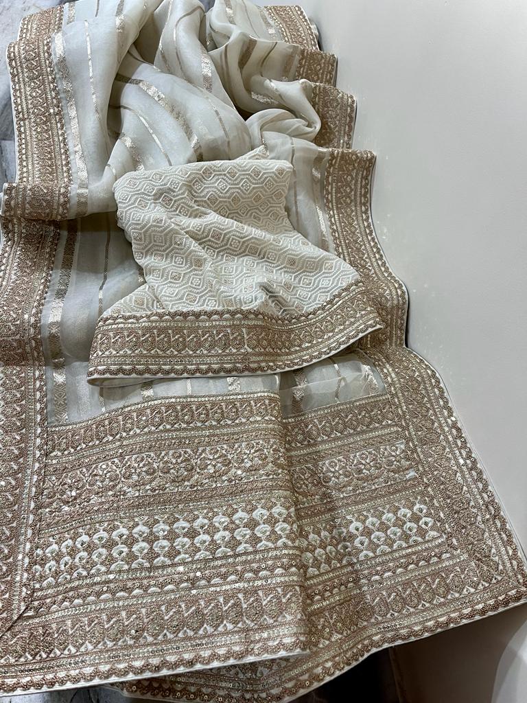 Striping kora Banarasi saree