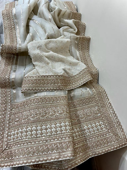 Striping kora Banarasi saree