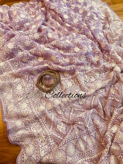 Lavender gorgette chikankari saree