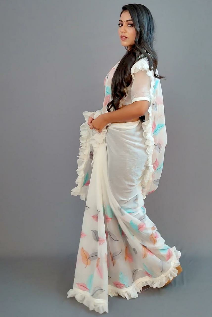 Ruffle chinon saree