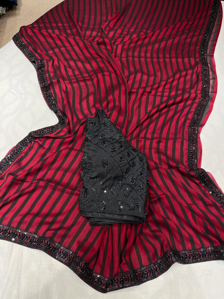 Striped sexy zardosi gorgette saree