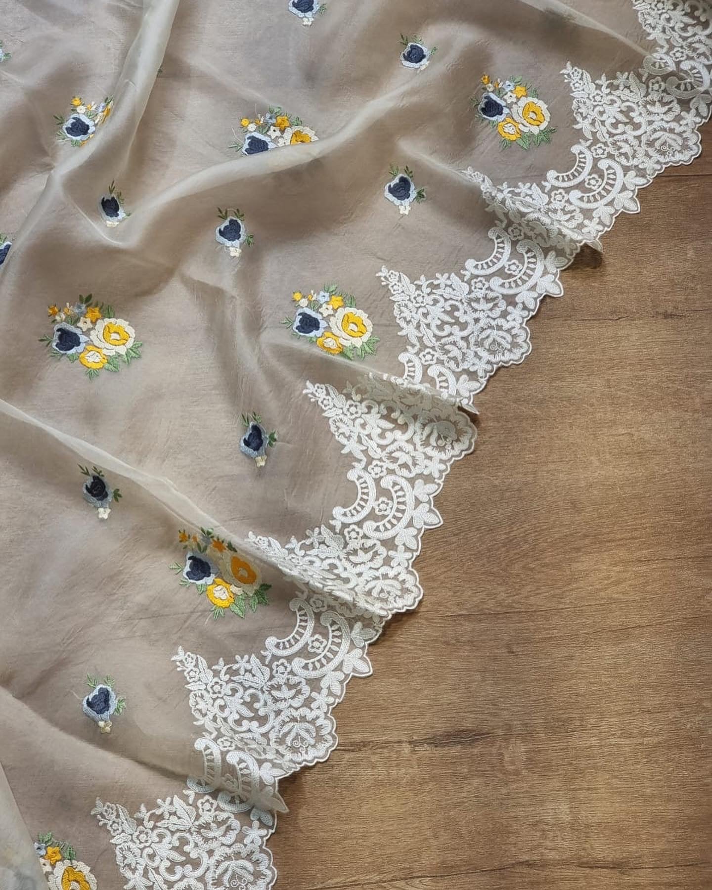 Scalloped embroidery cutwork saree