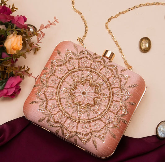 Peach embroidery clutch bag