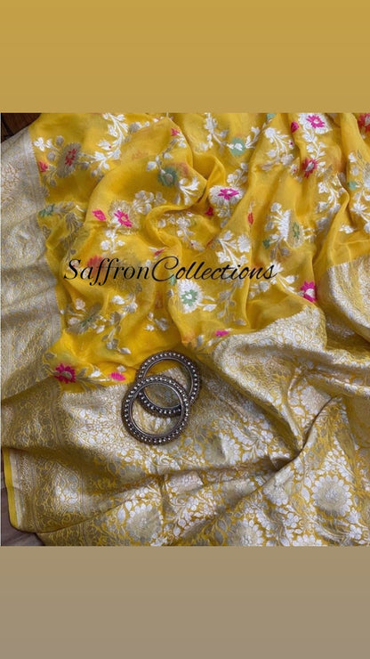 Yellow flora Banarasi saree
