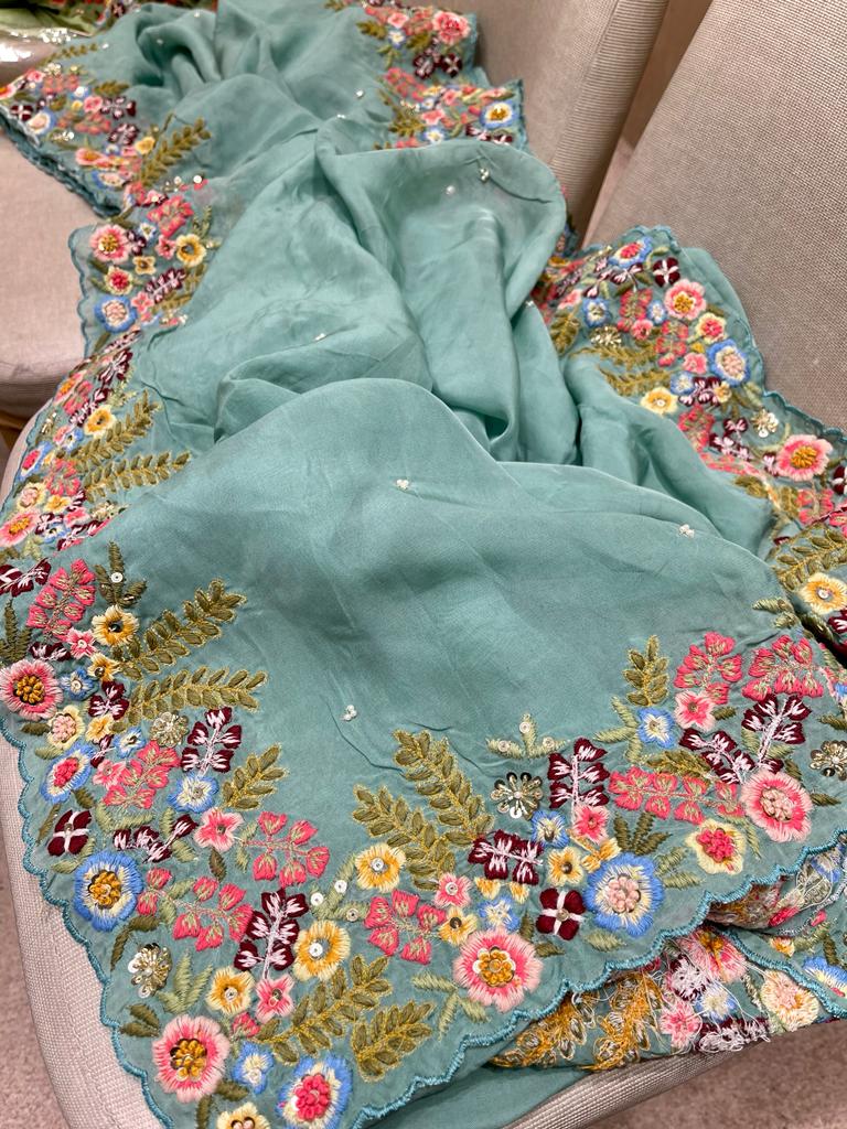 Tulip embroidery organza saree