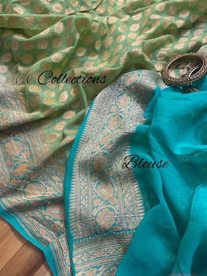 Shaded green khaddi gorgette saree